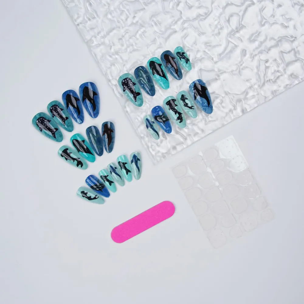 Nailhour 24Pcs Ocean 3D Medium Almond Shark Fish Press On Nails