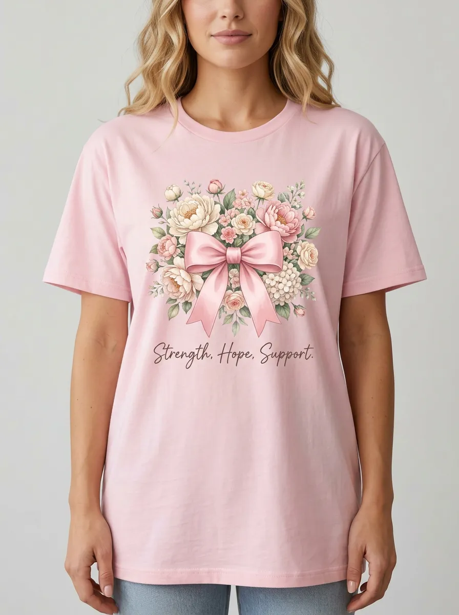 Women's Breast Cancer Awareness Floral Bow Printed T-shirt