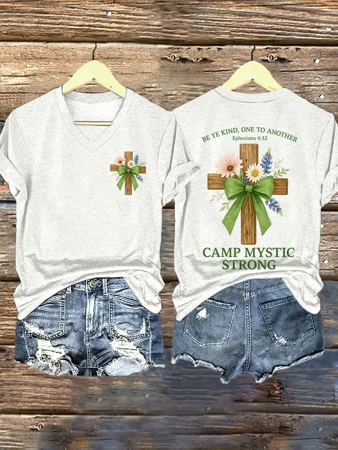 V Neck Retro Texas Strong Green Bow Cross Print T-Shirt