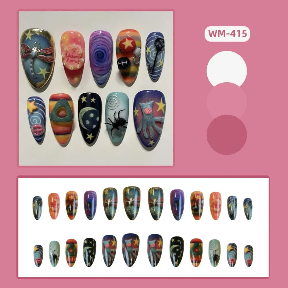 Nailhour 24Pcs 3D Medium Almond Multicolor Press On Nails