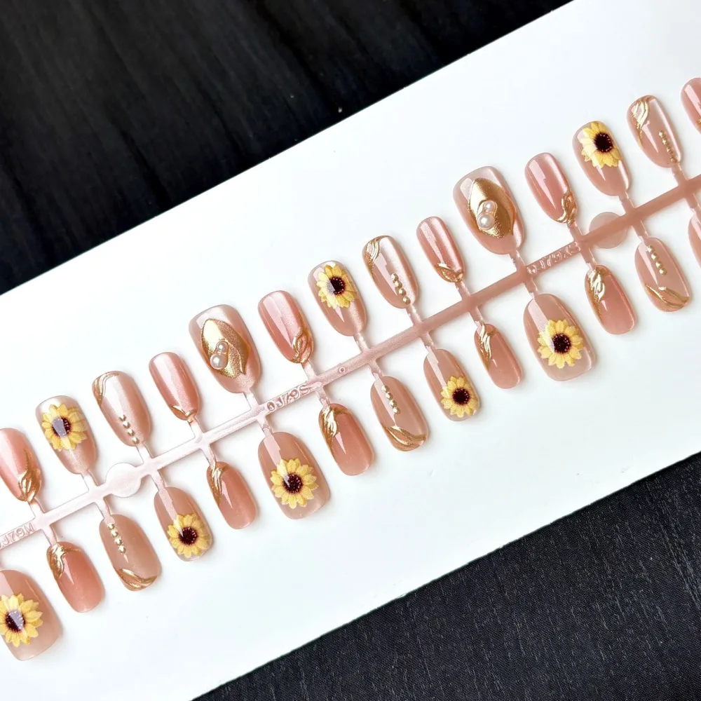 Nailhour 30Pcs Autumn Sunflower Cat Eye Medium Almond French Press On Nails
