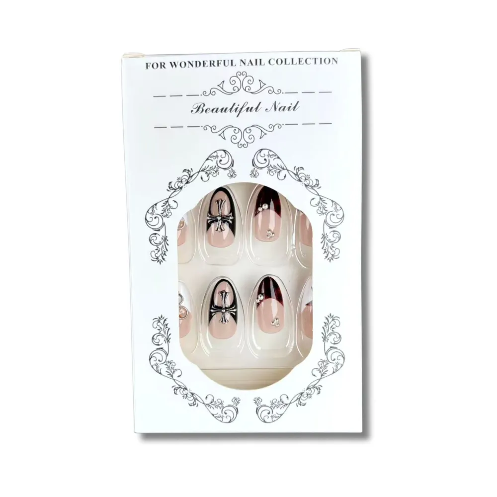 Nailhour 30Pcs Y2K Chrome Hearts 3D Medium Almond French Press On Nails