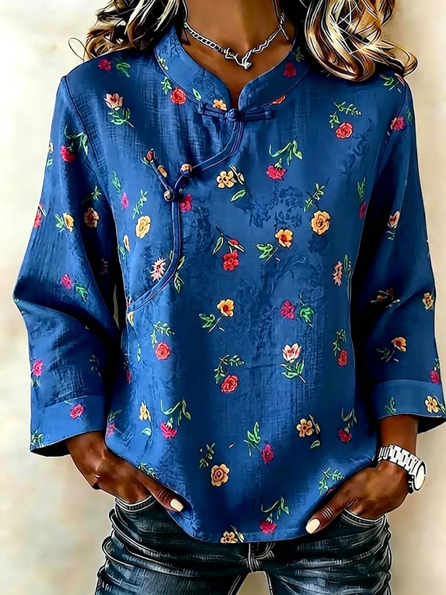 Women'S Cotton And Linen Floral Print Top