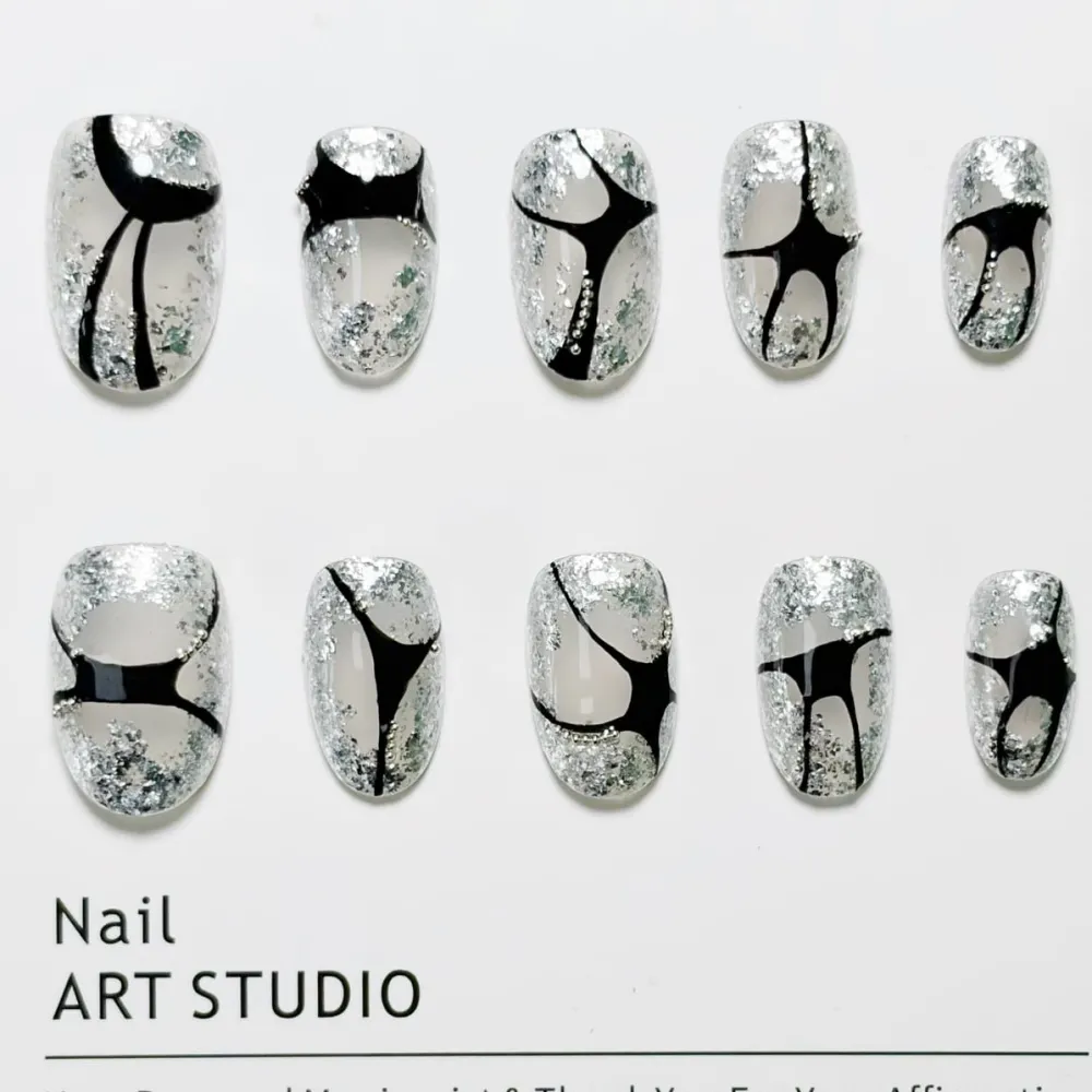 Nailhour 10Pcs Glitter French Minimalist Short Oval Press On Nails