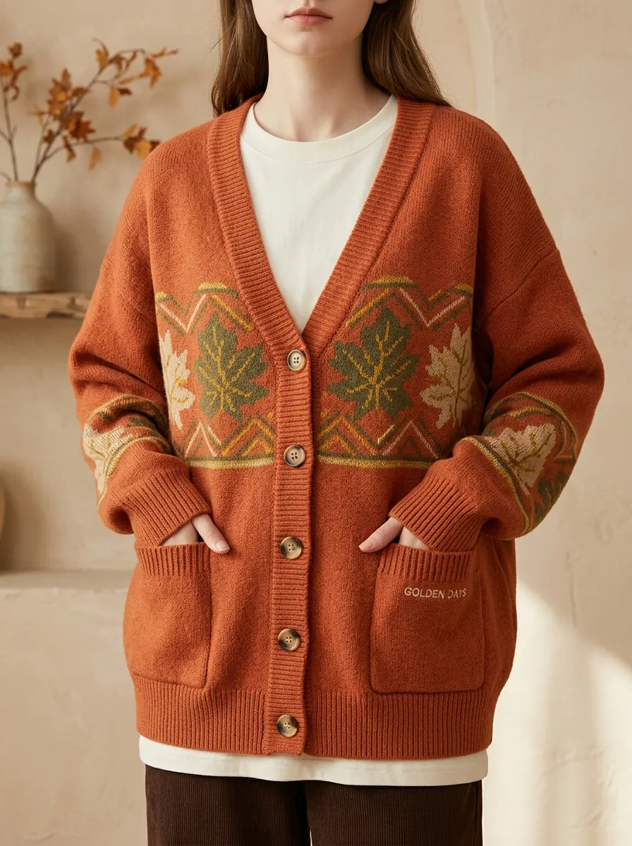 Textured Maple Leaf Pattern Patterned Women's Knit Cardigan