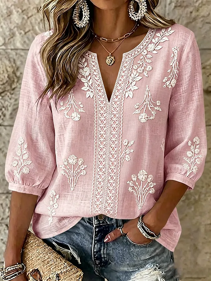 Women's casual cotton linen flower top