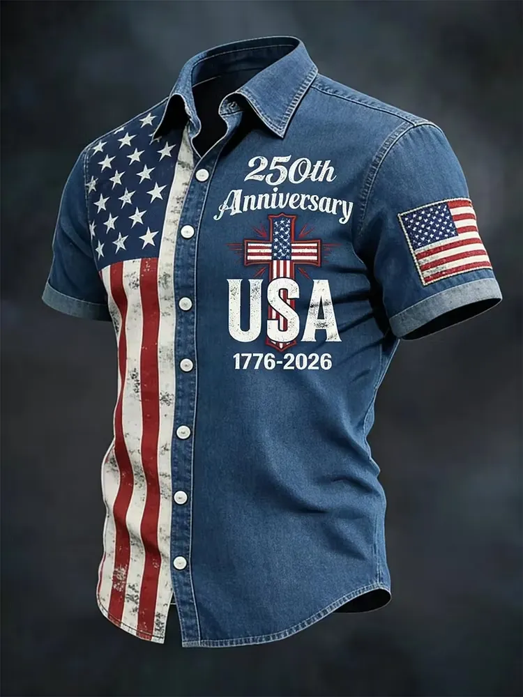 Men'S America Flag Printed Casual Collar Shirt