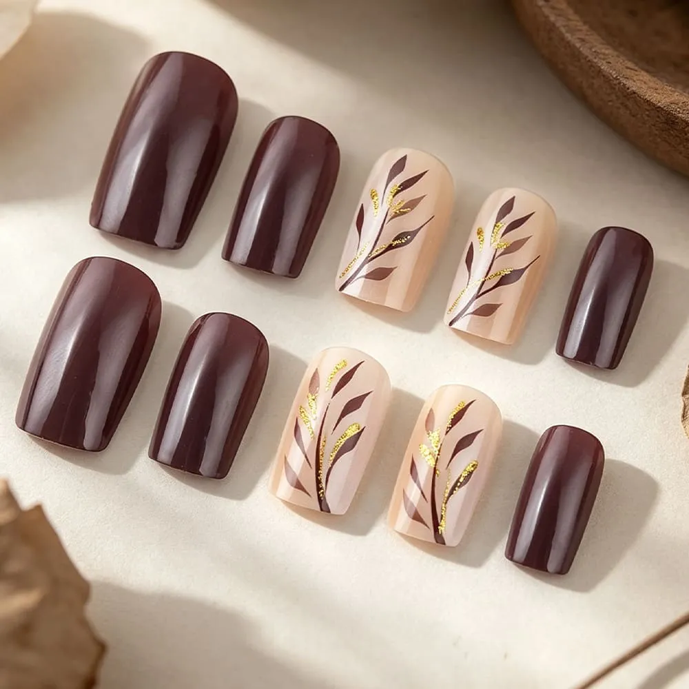 Nailhour 24Pcs Multicolor Autumn Floral Medium Square Press On Nails