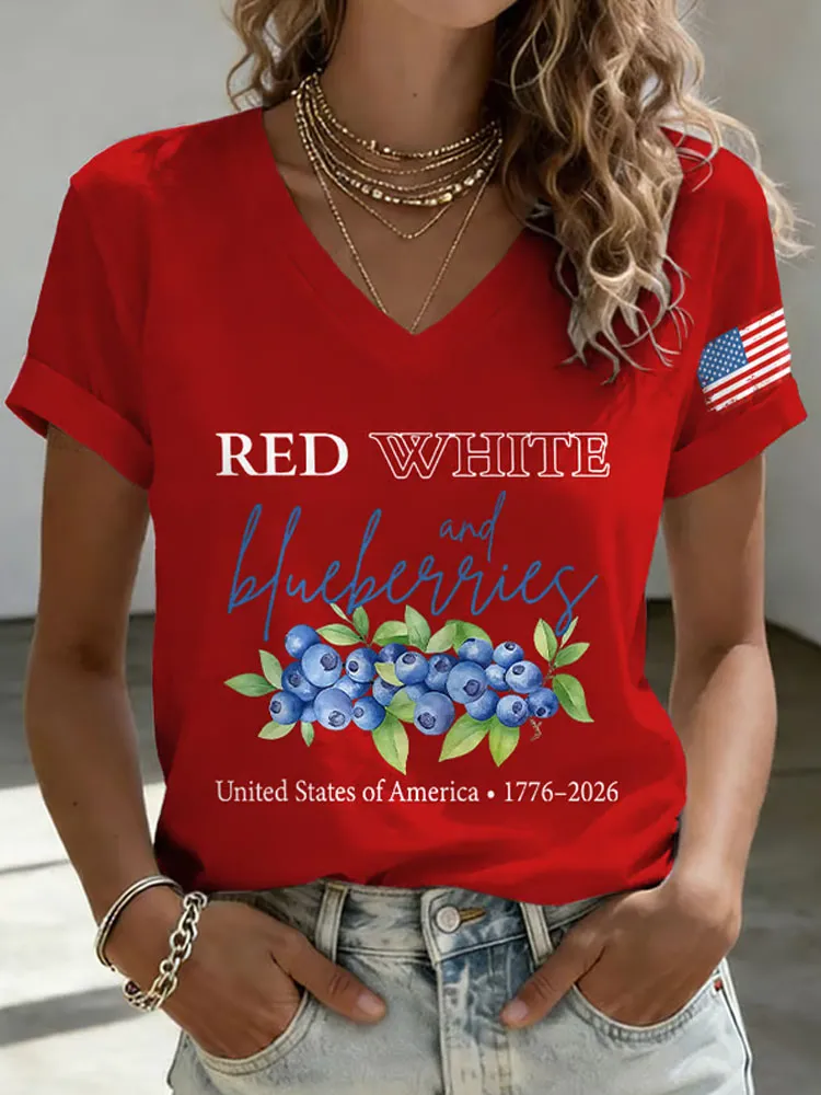 V-Neck Retro Red White And Blueberries United States Of America • 1776–2026 Print T-Shirt