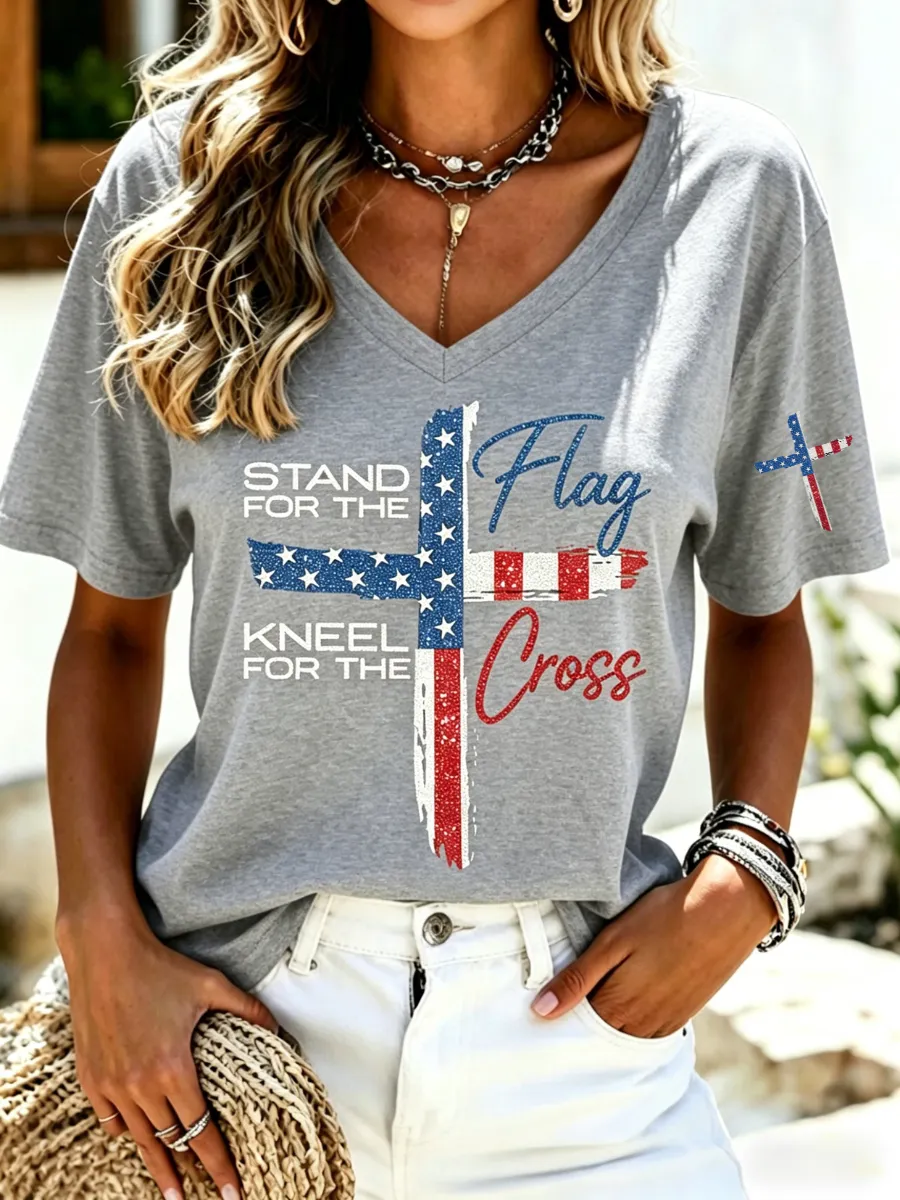Women's America's 250th Anniversary Stand For The Flag Kneel For The Cross Faith Christian Cross Print T-Shirt