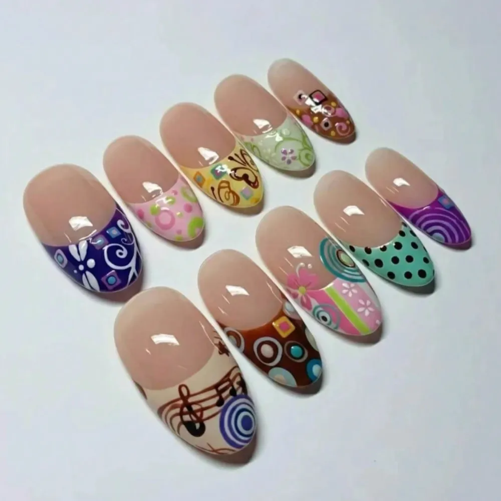 Nailhour 30pcs Long Almond  French Flower And Polka Dot Press On Nails
