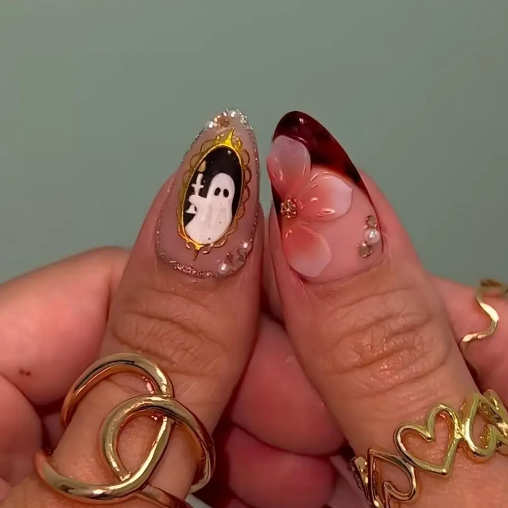 Nailhour 24Pcs Halloween Pink Gilded Medium Almond Press On Nails