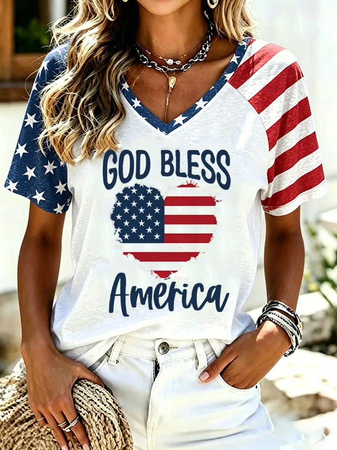 Women'S Retro Independence Day Printed Casual Short Sleeved T-Shirt