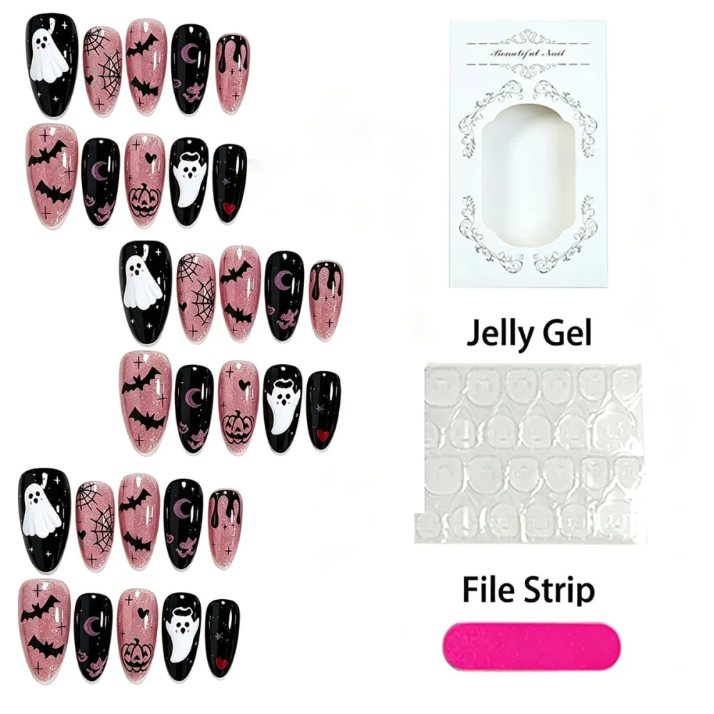 Nailhour 30Pcs Halloween Medium Almond Cat Eye Press On Nails