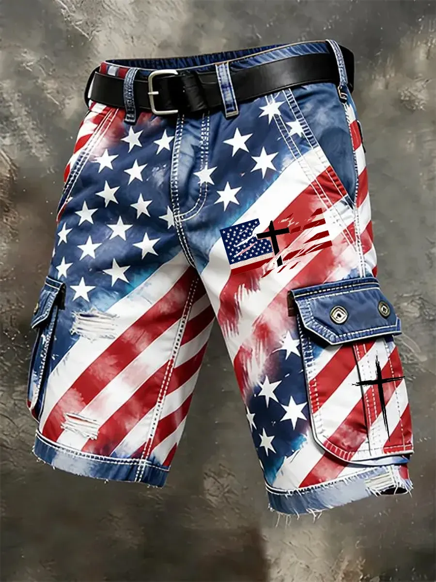 Men'S Casual American 250Th Anniversary Flag Printed Workwear Pocket Shorts