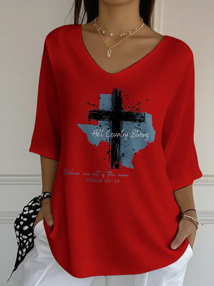 Ladies Casual Style HILL COUNTRY STRONG All-Match V-Neck Shirt
