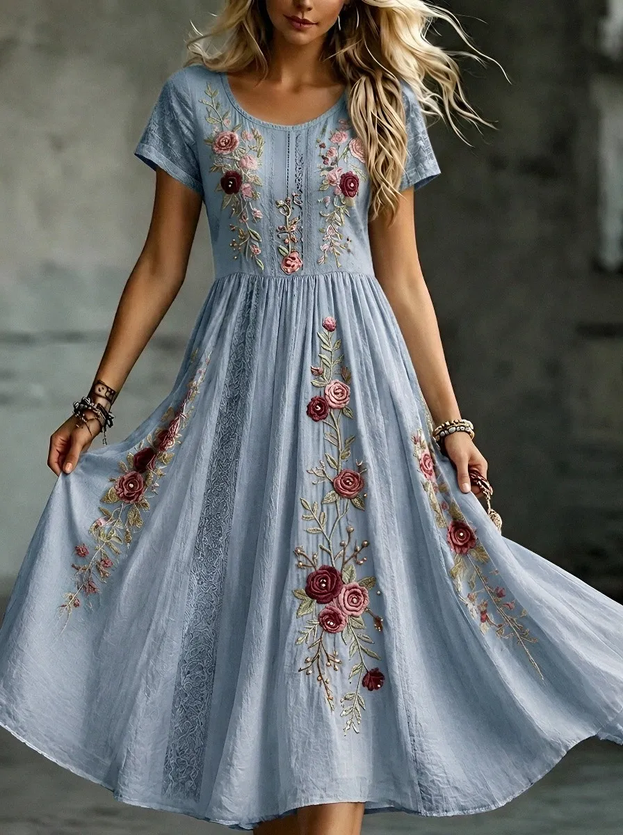 Women's Breast Cancer Awareness Floral Embroidered Printed Dress