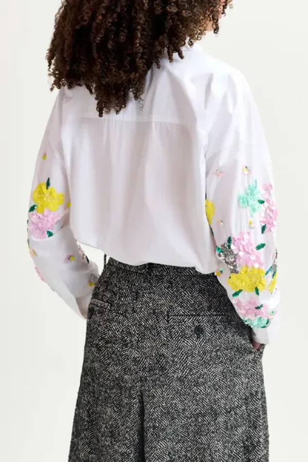 Floral Embroidered Pocketed White Shirts