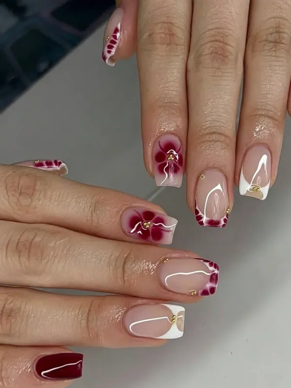 Nailhour 24pcs Leopard Petal & Solid Square Almond Short False Nails