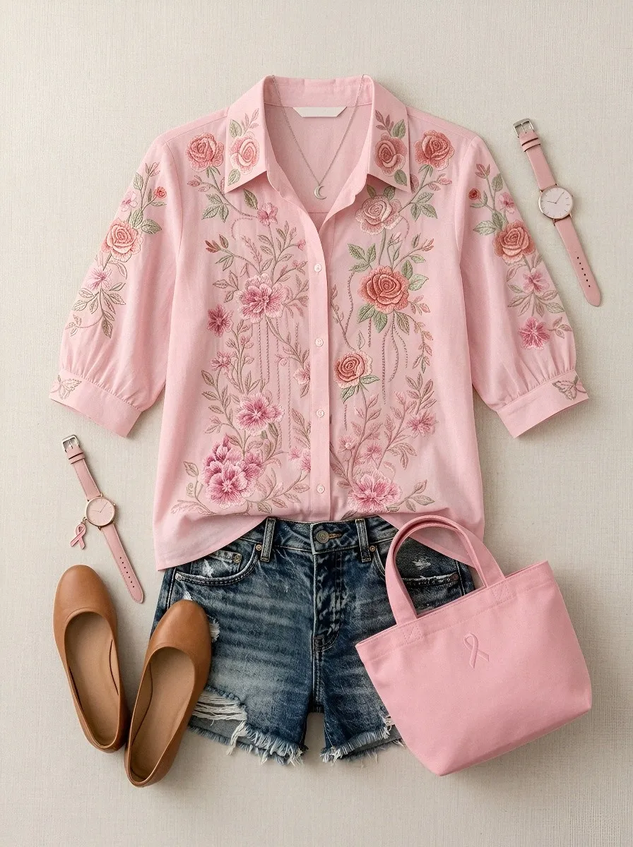 Women's Breast Cancer Awareness Pink Rose Floral Embroidered Printed Shirt