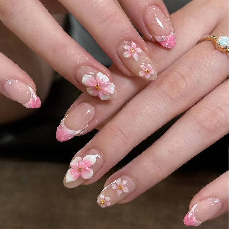 Nailhour 30Pcs Nude Gradient Floral Medium Almond Press On Nails