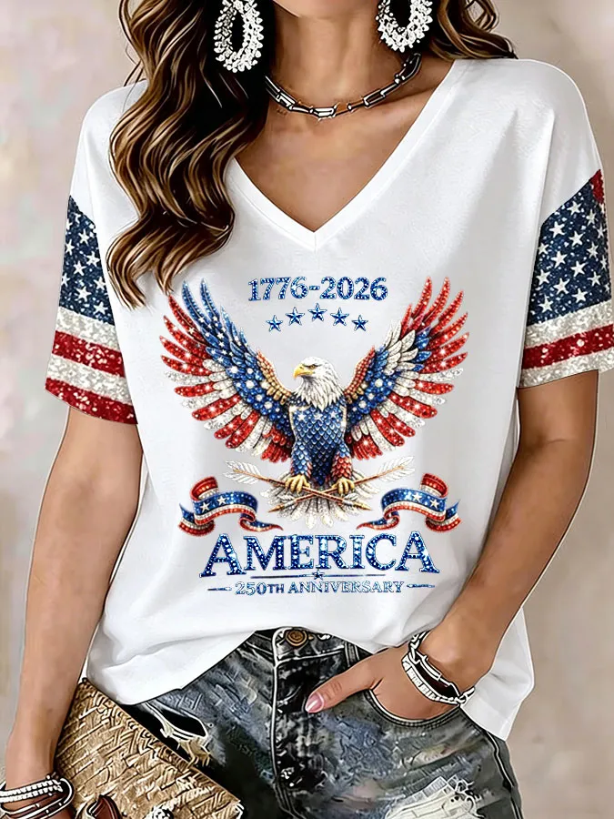 Women'S America Flag Print Casual V-Neck T-Shirt