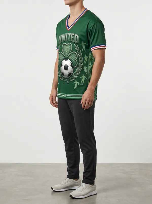 Men's Soccer Lover United Shamrock Football Printed V-Neck T-Shirt