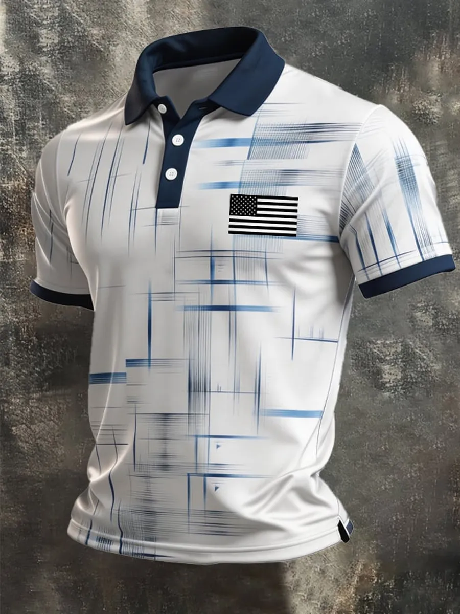 Men'S Retro Patriotic Color-Block Short-Sleeve Polo Shirt