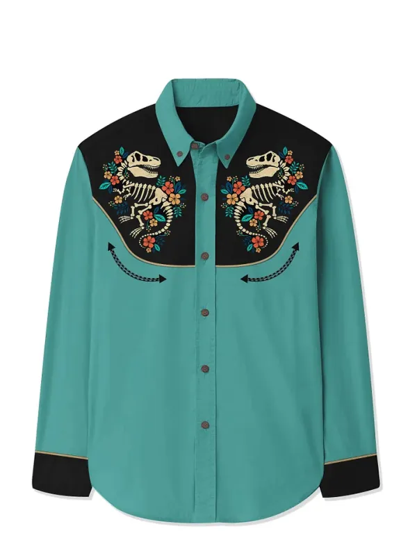 Skull Dinosaurs And Flowers - 100% Cotton Long Sleeves Shirt