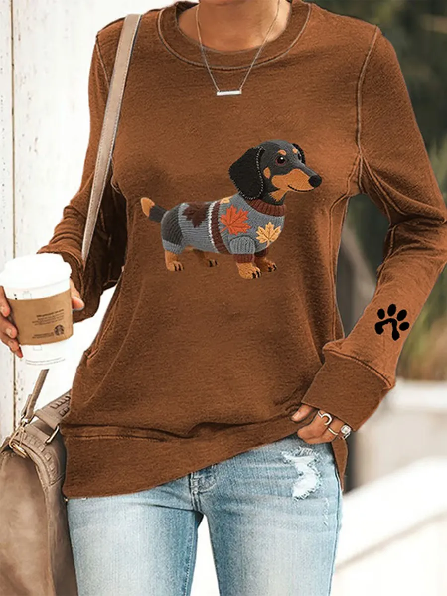 Women's Dog Art Print Round Neck Cotton Sweatshirt