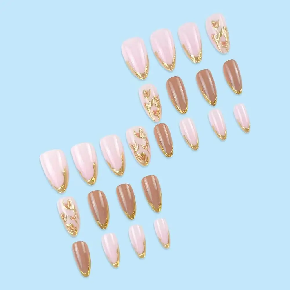 Nailhour 24Pcs Gilded Floral Medium Almond Press On Nails