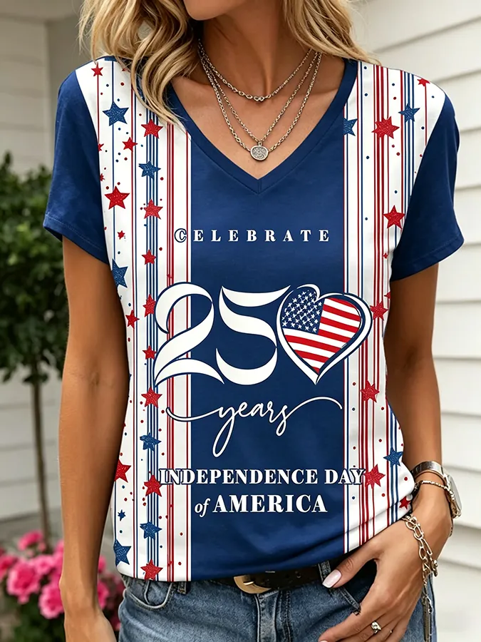 Celebrate America Independence Day Heart Flag Color Block V Neck Tee