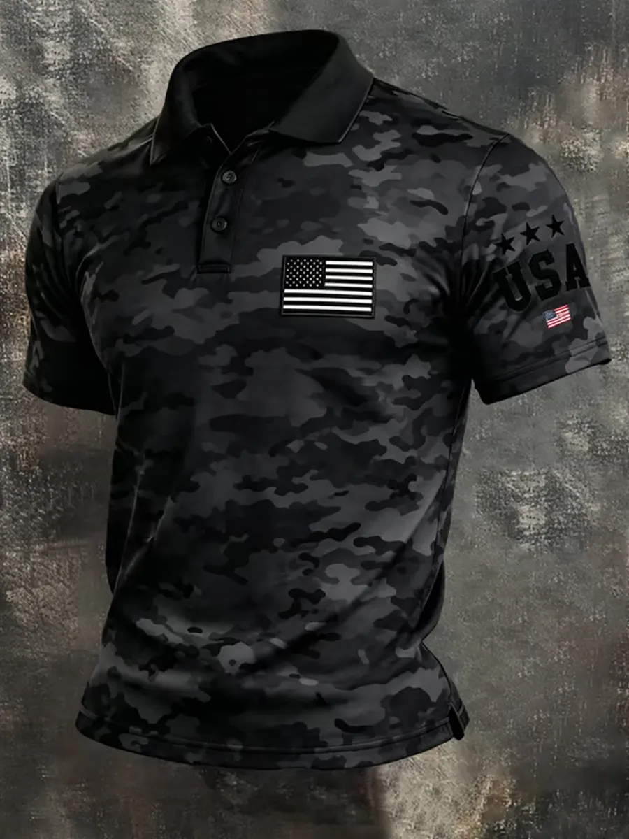 Men's Retro Patriot Color Block Polo Collar Short Sleeve