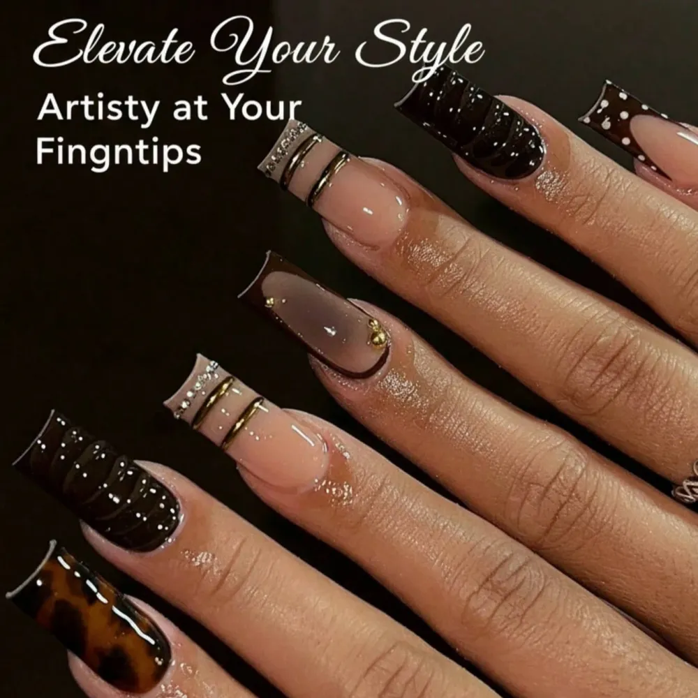 Nailhour 24Pcs French Autumn 3D Resin Long Square Press On Nails
