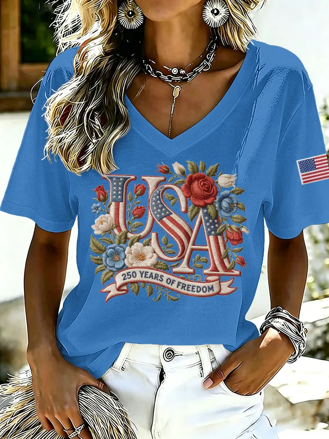 Women'S Floral Flag Printed Casual T-Shirt