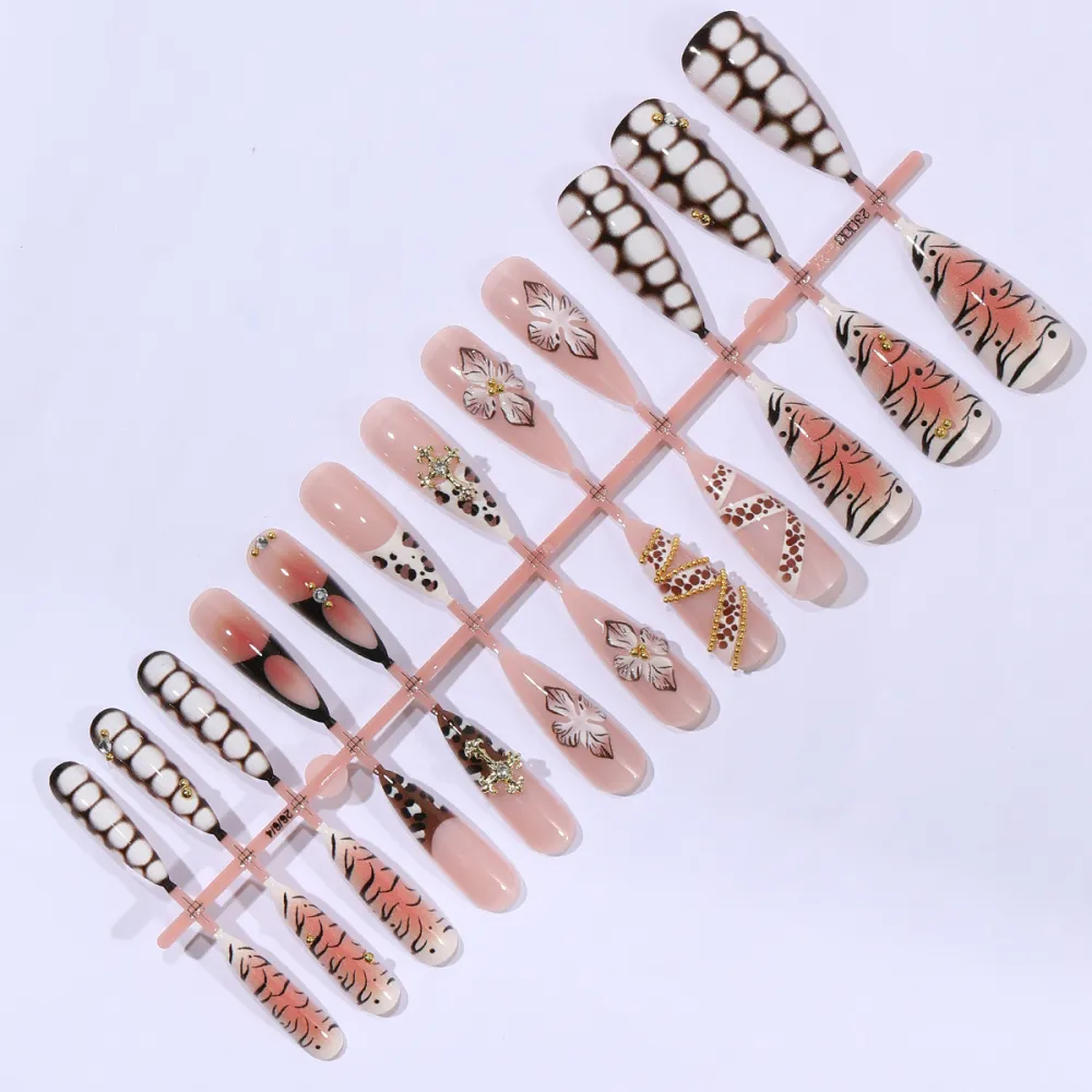 Nailhour 24Pcs Brown 3D Floral Vintage Long Almond Press On Nails