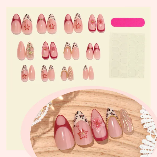 Nailhour 24Pcs Multicolo Leopard French Medium Almond Press On Nails