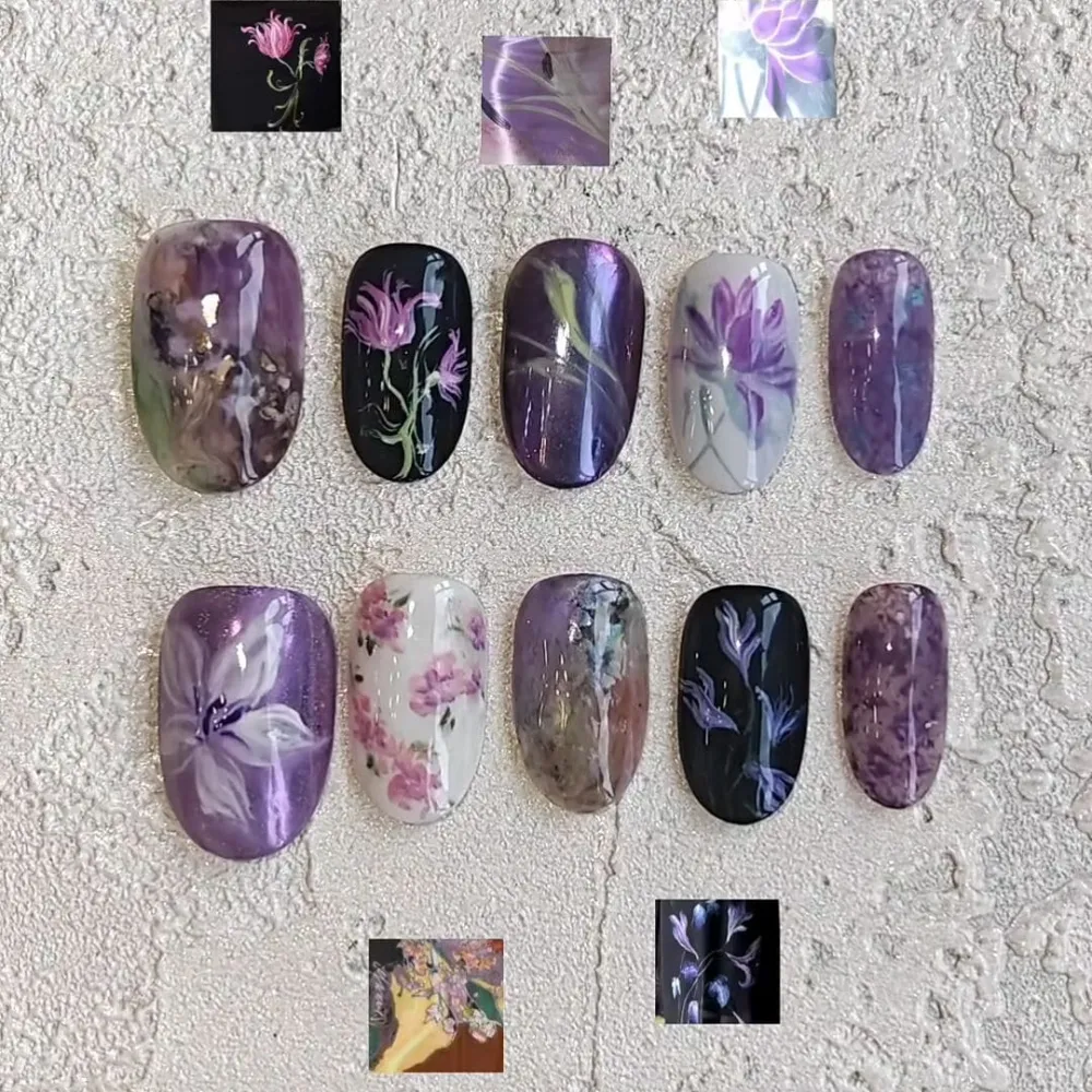 Nailhour 30pcs Short Oval Purple Floral Press On Nails