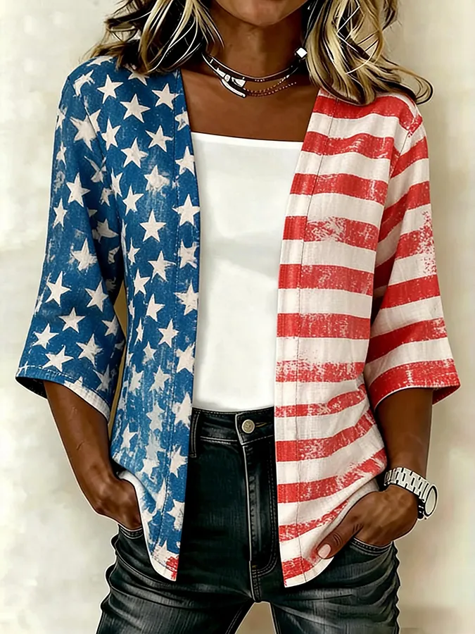 Women'S Casual Loose Independence Day Patriotic Cardigan