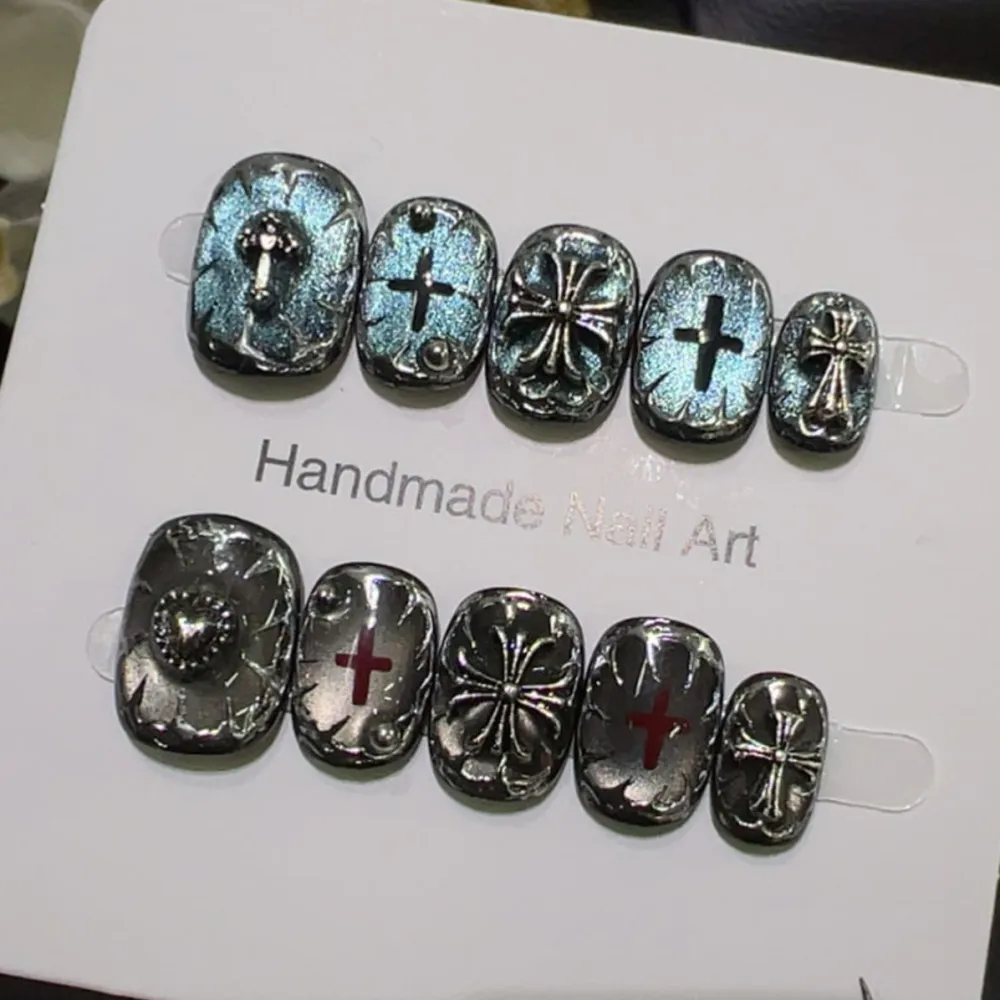 Nailhour 24Pcs 3D Party Gothic Cat Eye Short Squoval Press On Nails