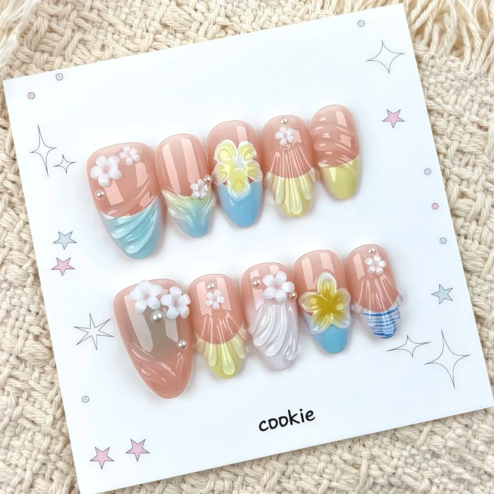 Nailhour 30Pcs Fresh & Simple Floral 3D Medium Almond French Press On Nail