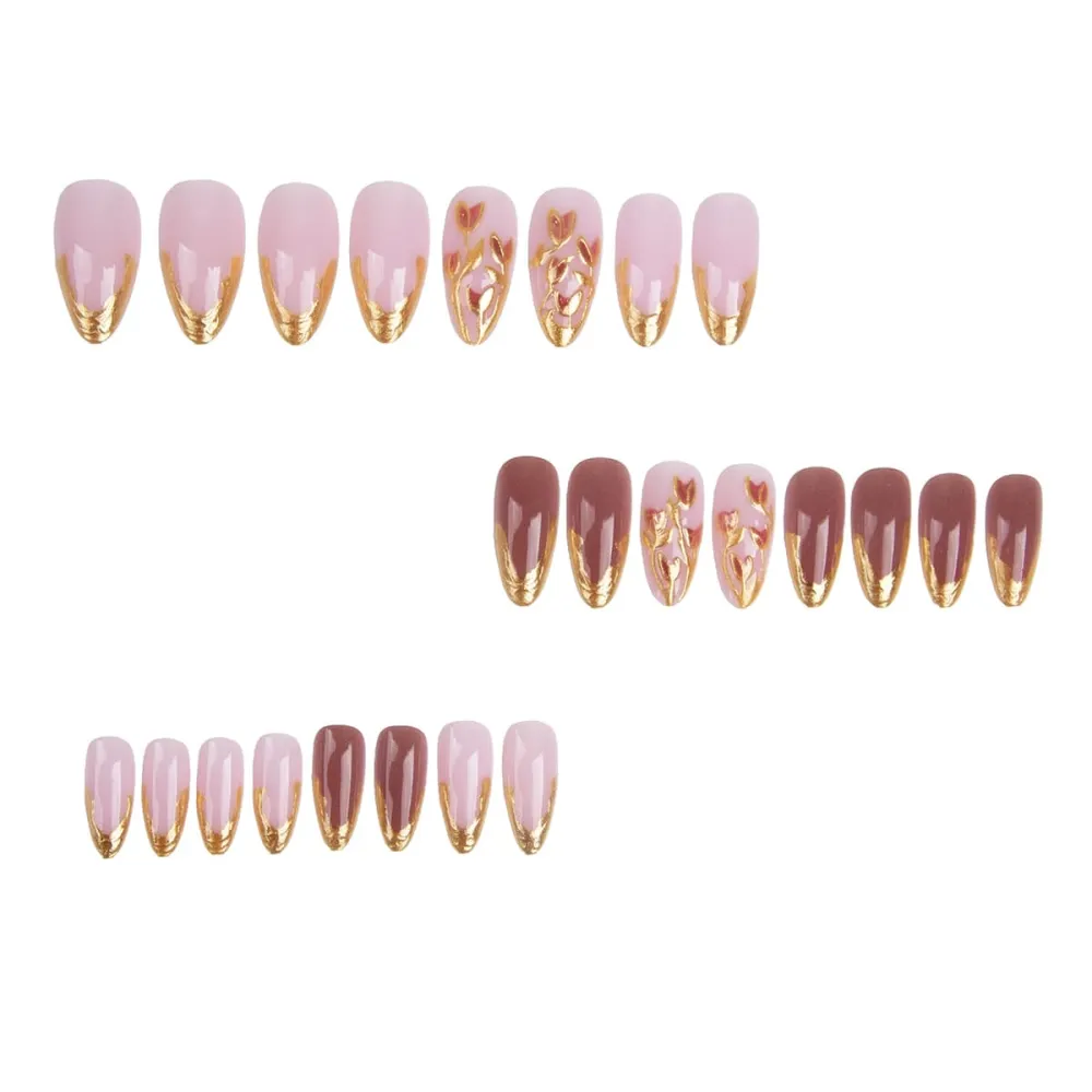 Nailhour 24Pcs Tulip Floral Gilded Medium Almond French Press On Nails