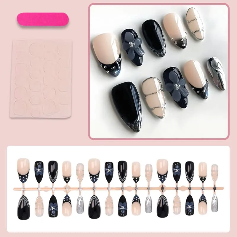 Nailhour 30Pcs Dark Blue Gradient Medium Almond French Press On Nails