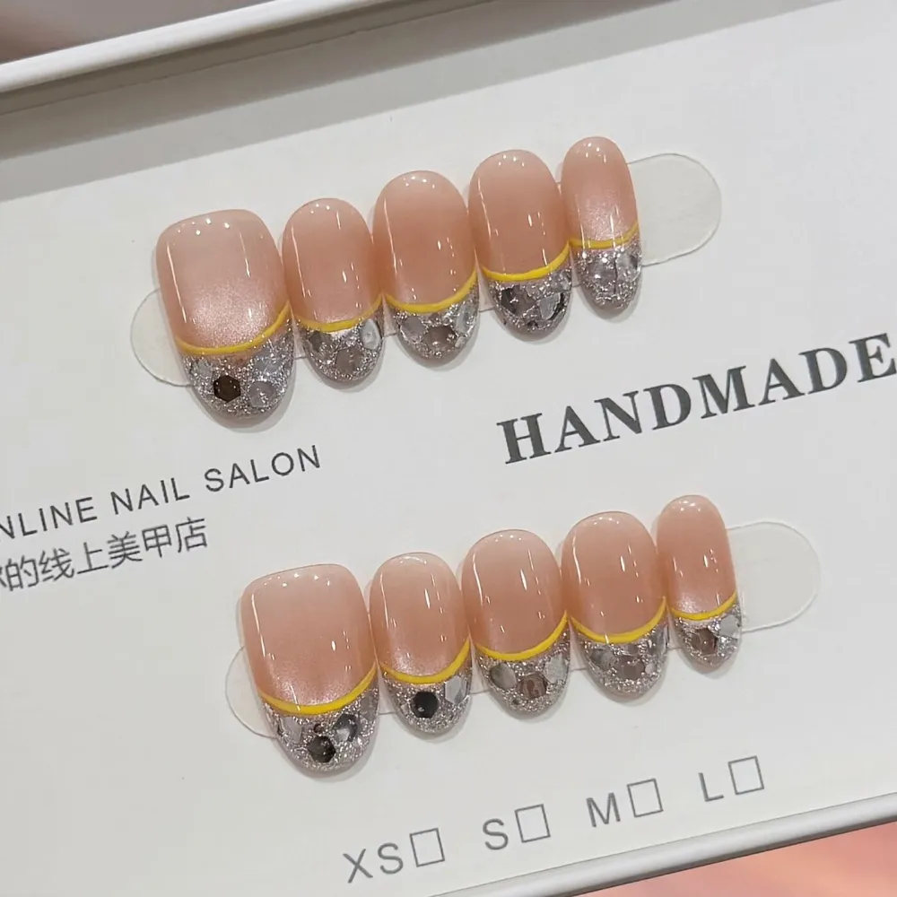 Nailhour 10Pcs French 3D Rhinestone Medium Almond Press On Nails