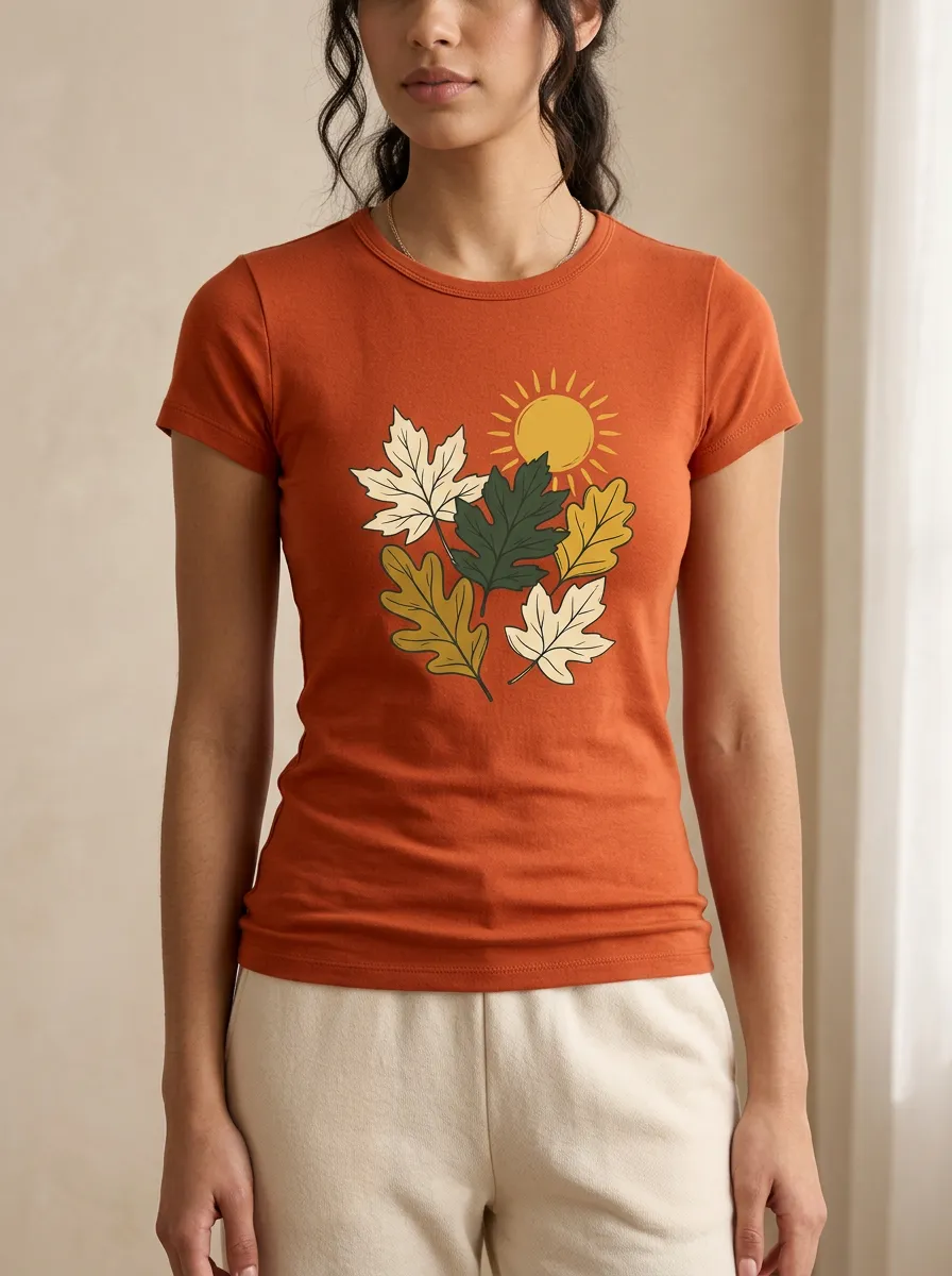 Sun Maple Leaves Printed Women's Graphic T-Shirt