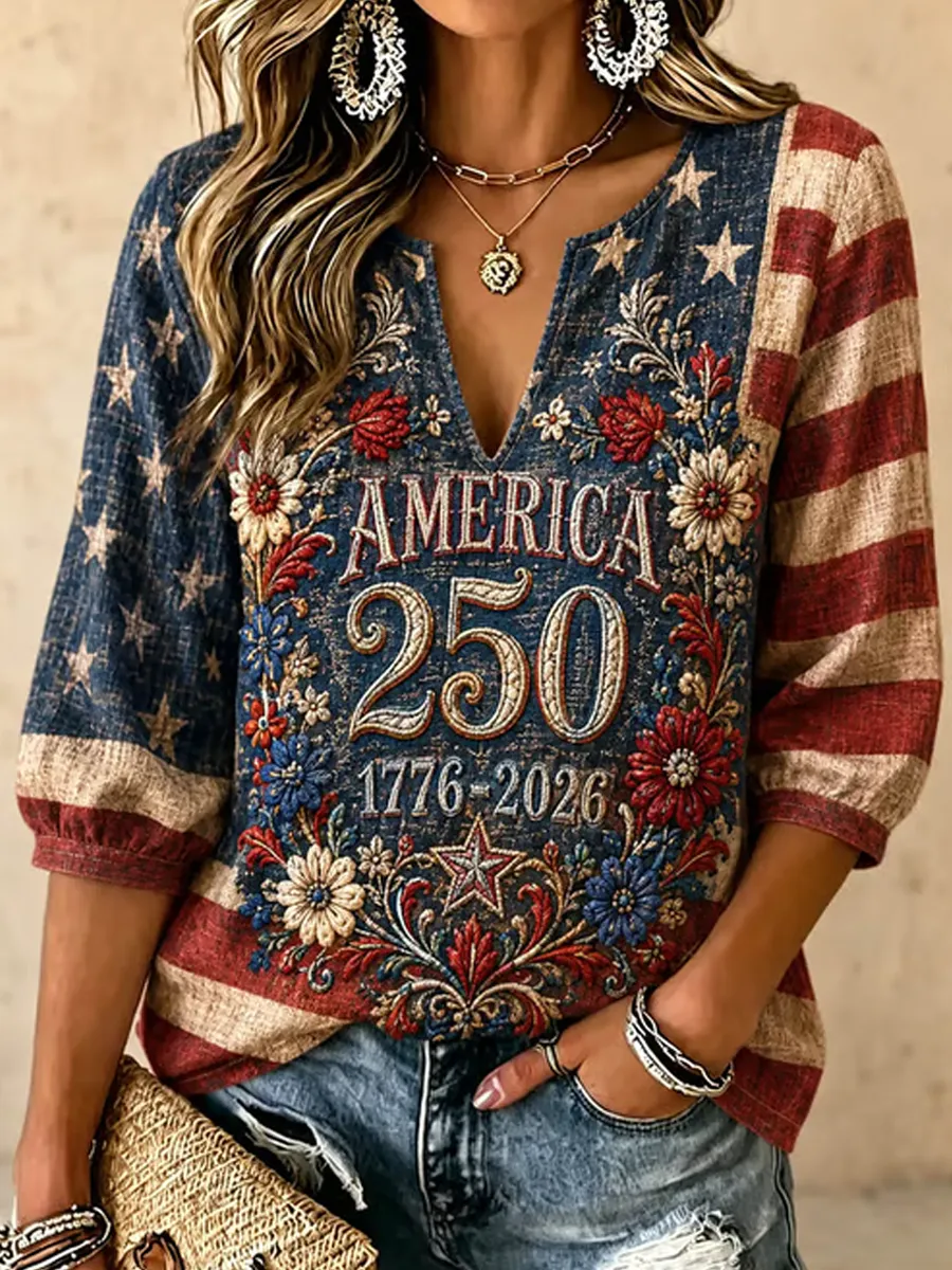 Women's Retro American Flag Art Printed Top