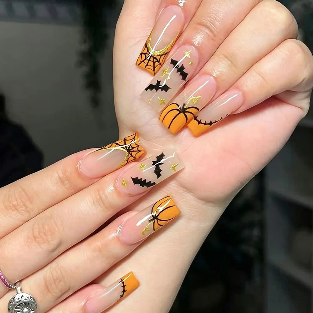 Nailhour 24Pcs Orange Glossy Funny Spider Halloween Long Coffin Press On Nails