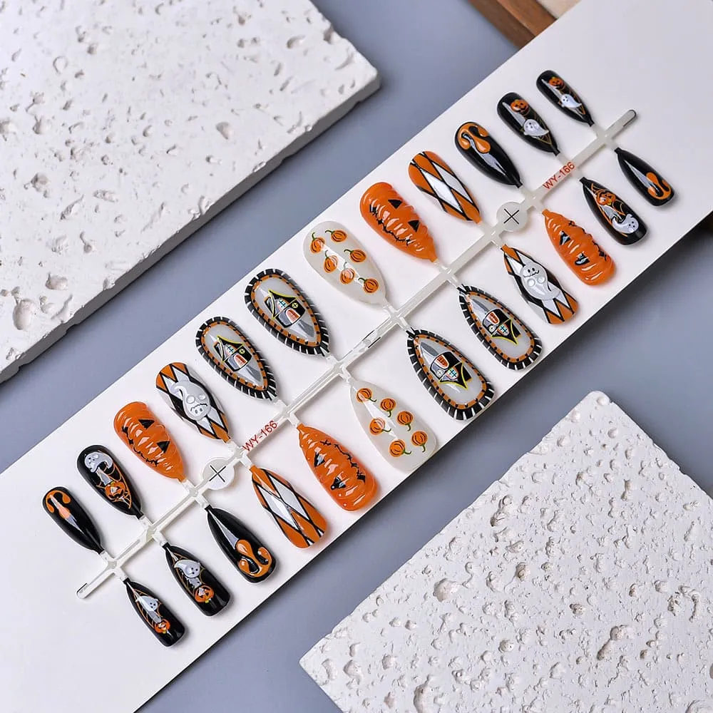 Nailhour 24Pcs Funny Pumpkin 3D Ghost Halloween Medium Almond Press On Nails