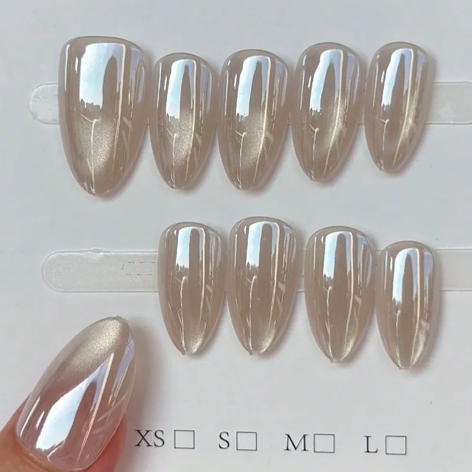 Nailhour 10Pcs French Cat Eye Nude Minimalist Medium Almond Press On Nails