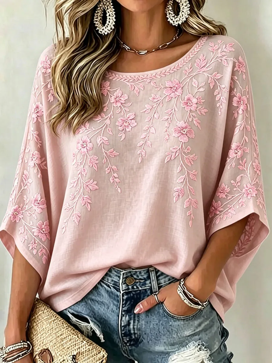 Women'S Cotton And Linen Floral Casual  Top